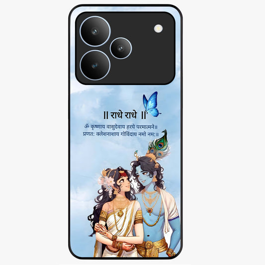 Radha Krishna Eternal Glass Case showing flat back view with Radha Krishna devotional artwork and glossy glass finish.