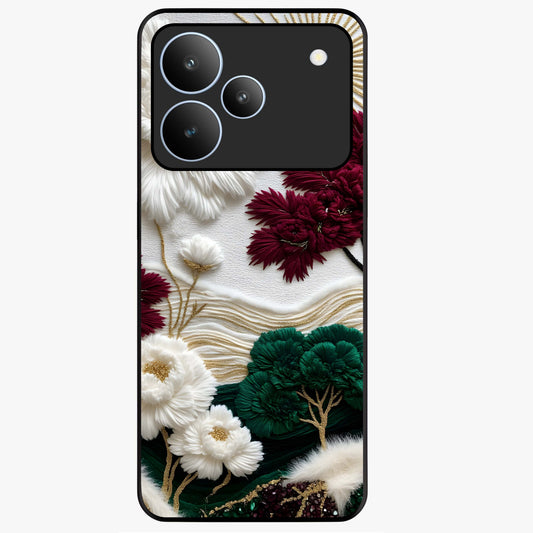 Radiant Bloom Elegance Glass Case showing flat back view with elegant blooming flower artwork and glossy glass finish.