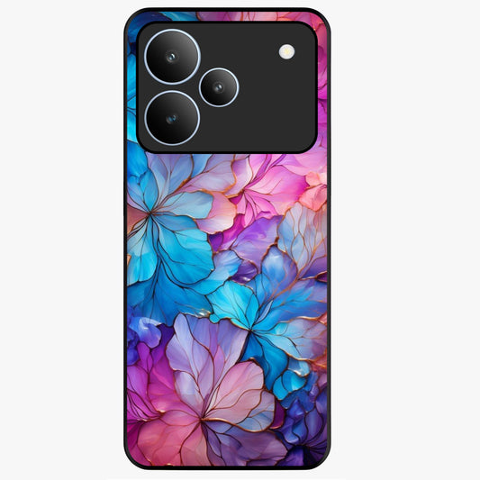 Radiant Floral Whirl Glass Case showing flat back view with swirling floral artwork and glossy glass finish.