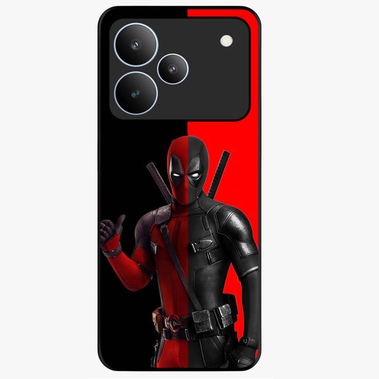 Red & Black Deadpool Theme Glass Case showing flat back view with bold comic inspired artwork and glossy glass finish.