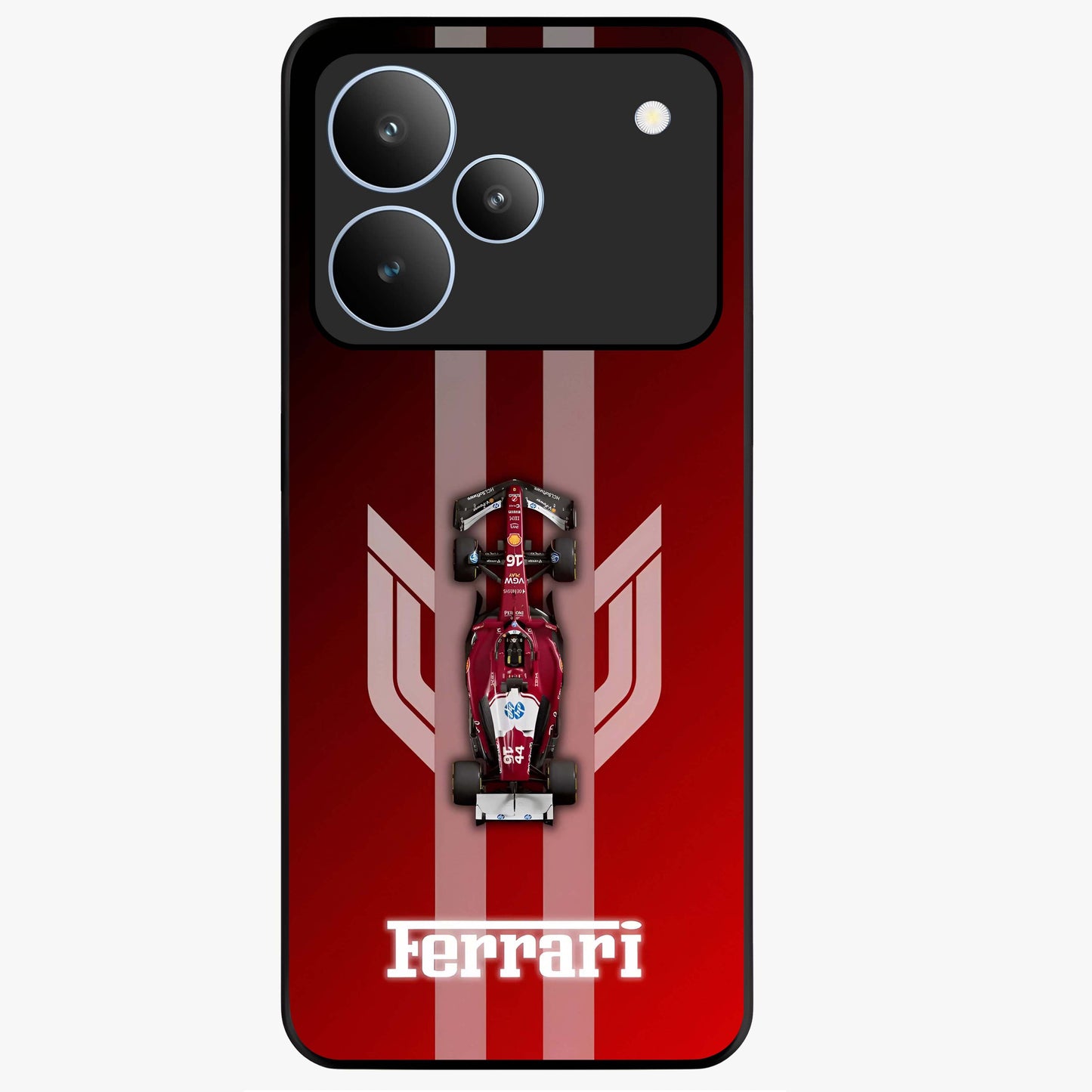 Red Ferrari F1 Vertical Glass Case showing flat back view with sleek Formula racing car artwork and glossy glass finish.