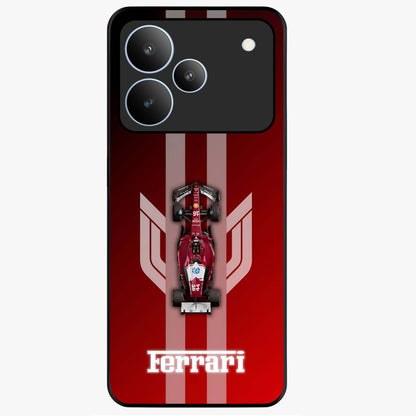 Red Ferrari F1 Vertical Glass Case showing flat back view with sleek Formula racing car artwork and glossy glass finish.