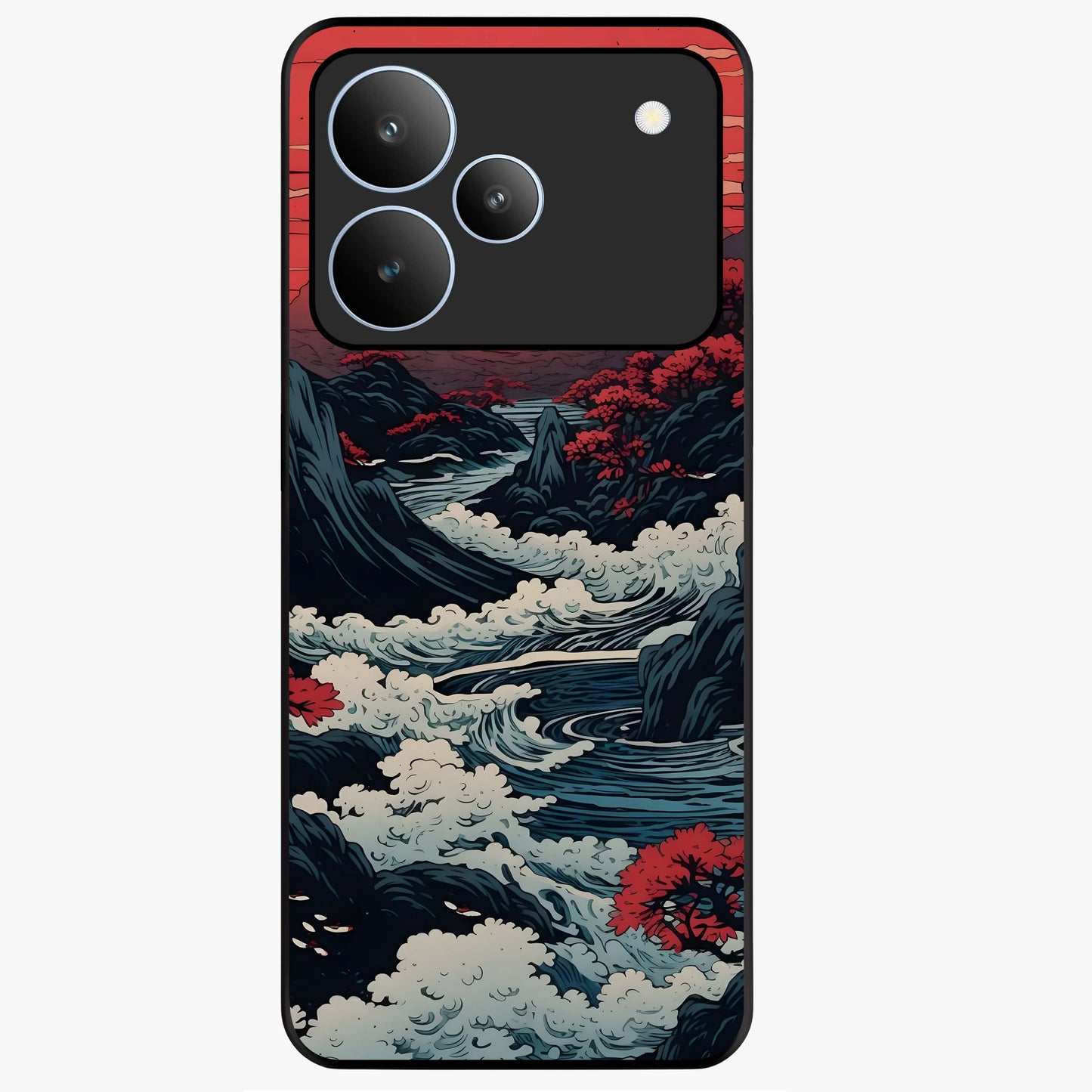 Red Sunset Scenery Glass Case showing flat back view with vibrant sunset landscape artwork and glossy glass finish.
