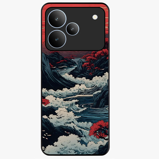 Red Sunset Scenery Glass Case showing flat back view with vibrant sunset landscape artwork and glossy glass finish.