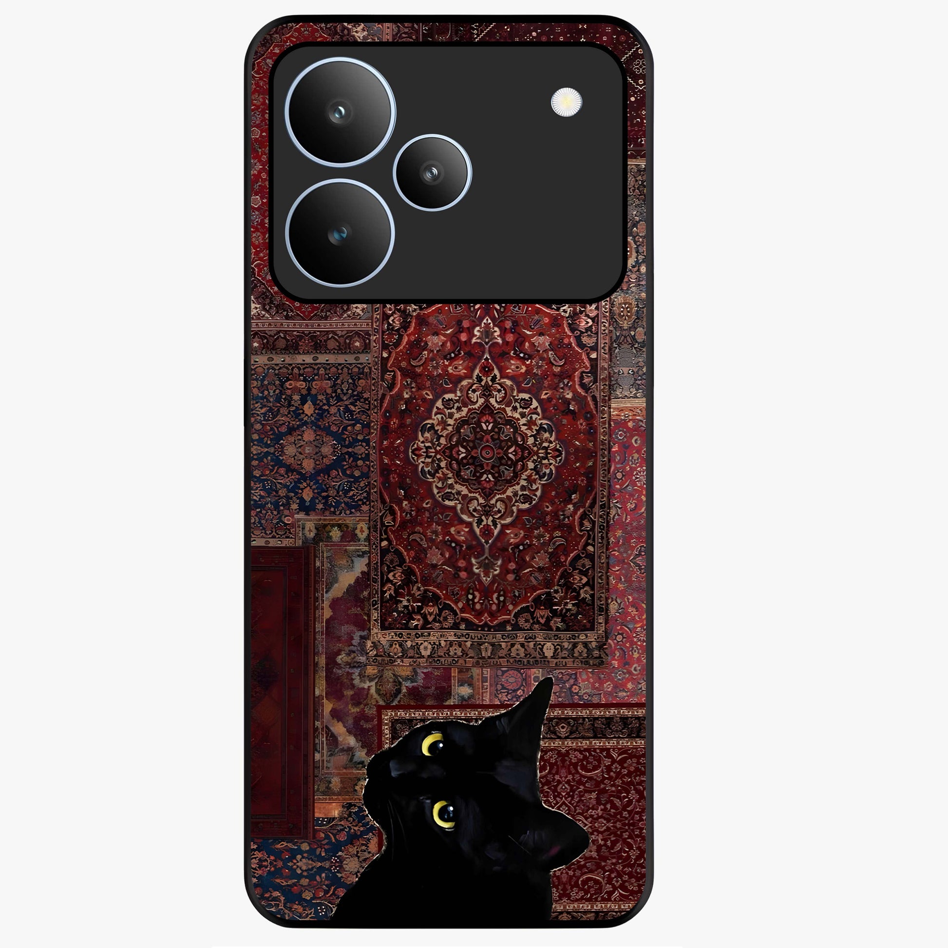 Regal Magic Cat Apple Glass Case showing flat back view with magical cat artwork holding apple and glossy glass finish.