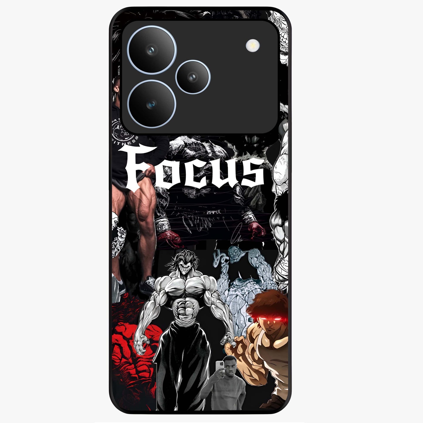 Relentless Power Focus Glass Case showing flat back view with motivational typography artwork and glossy glass finish.
