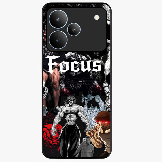 Relentless Power Focus Glass Case showing flat back view with motivational typography artwork and glossy glass finish.