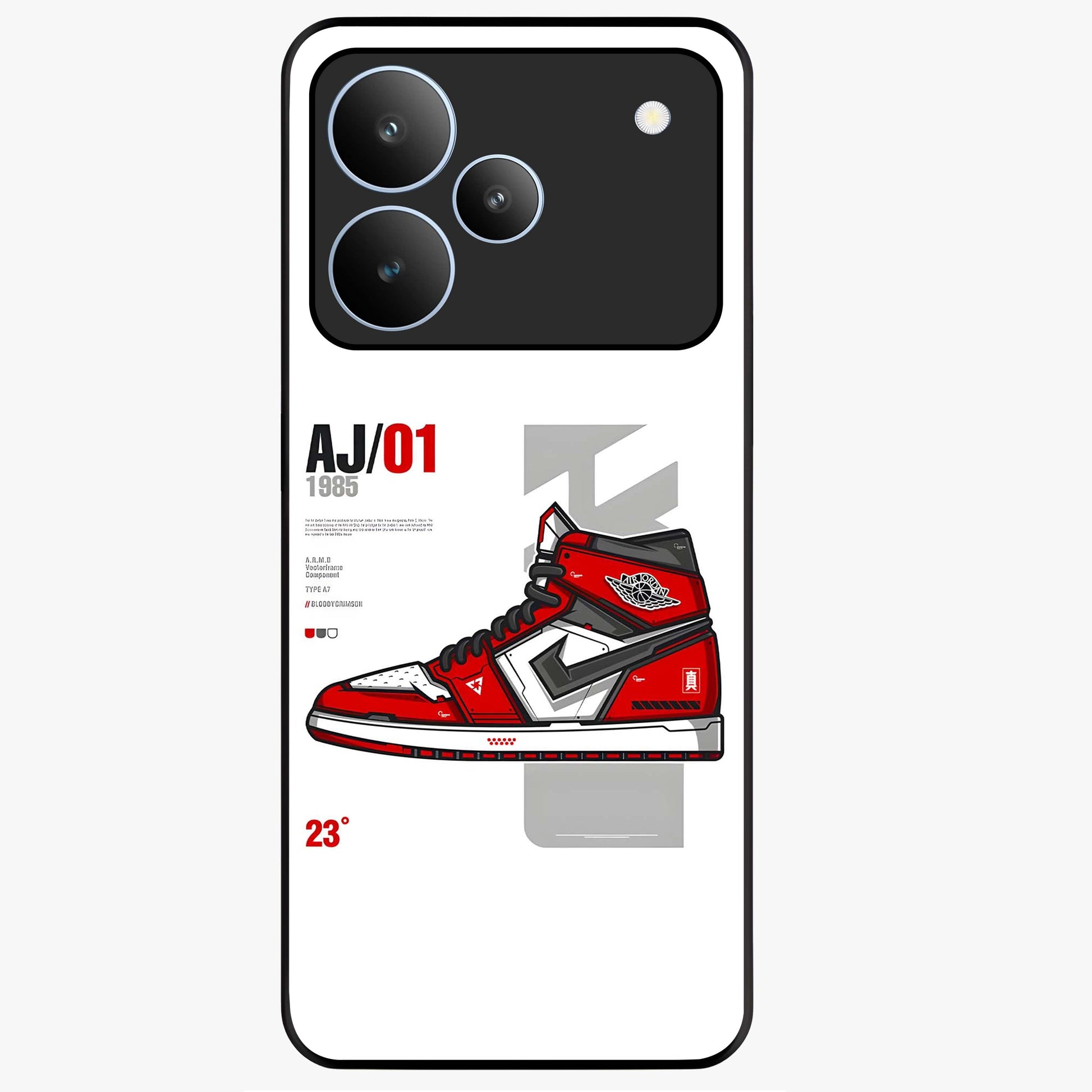 Retro Sneaker Blueprint Glass Case showing flat back view with sneaker blueprint style artwork and glossy glass finish.