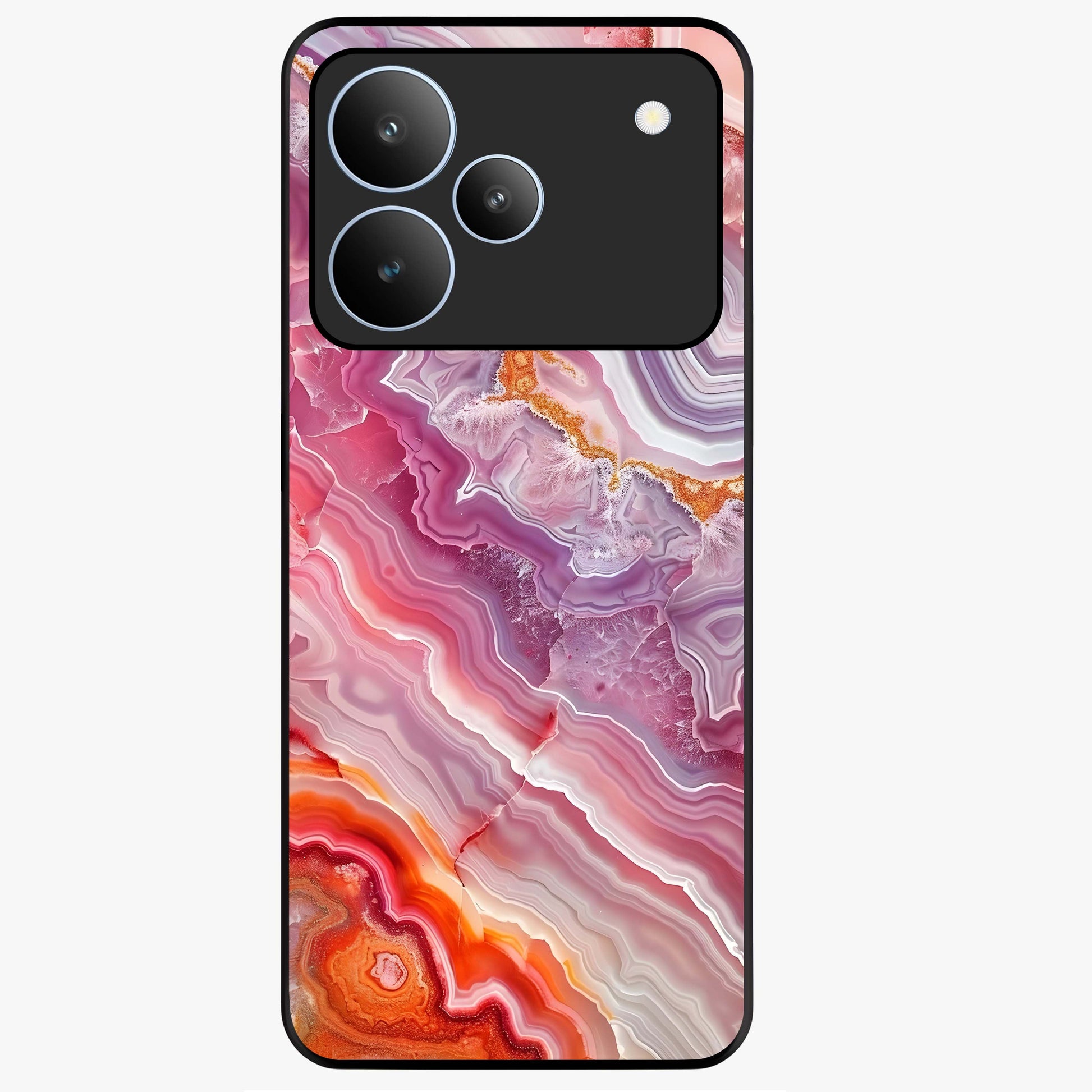 Rose Quartz Marble Glass Case showing flat back view with pink marble quartz texture artwork and glossy glass finish.