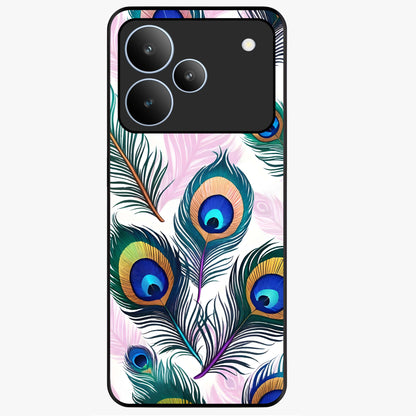 Royal Peacock Feathers Glass Case showing flat back view with colorful peacock feather artwork and glossy glass finish.