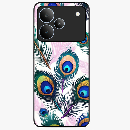 Royal Peacock Feathers Glass Case showing flat back view with colorful peacock feather artwork and glossy glass finish.