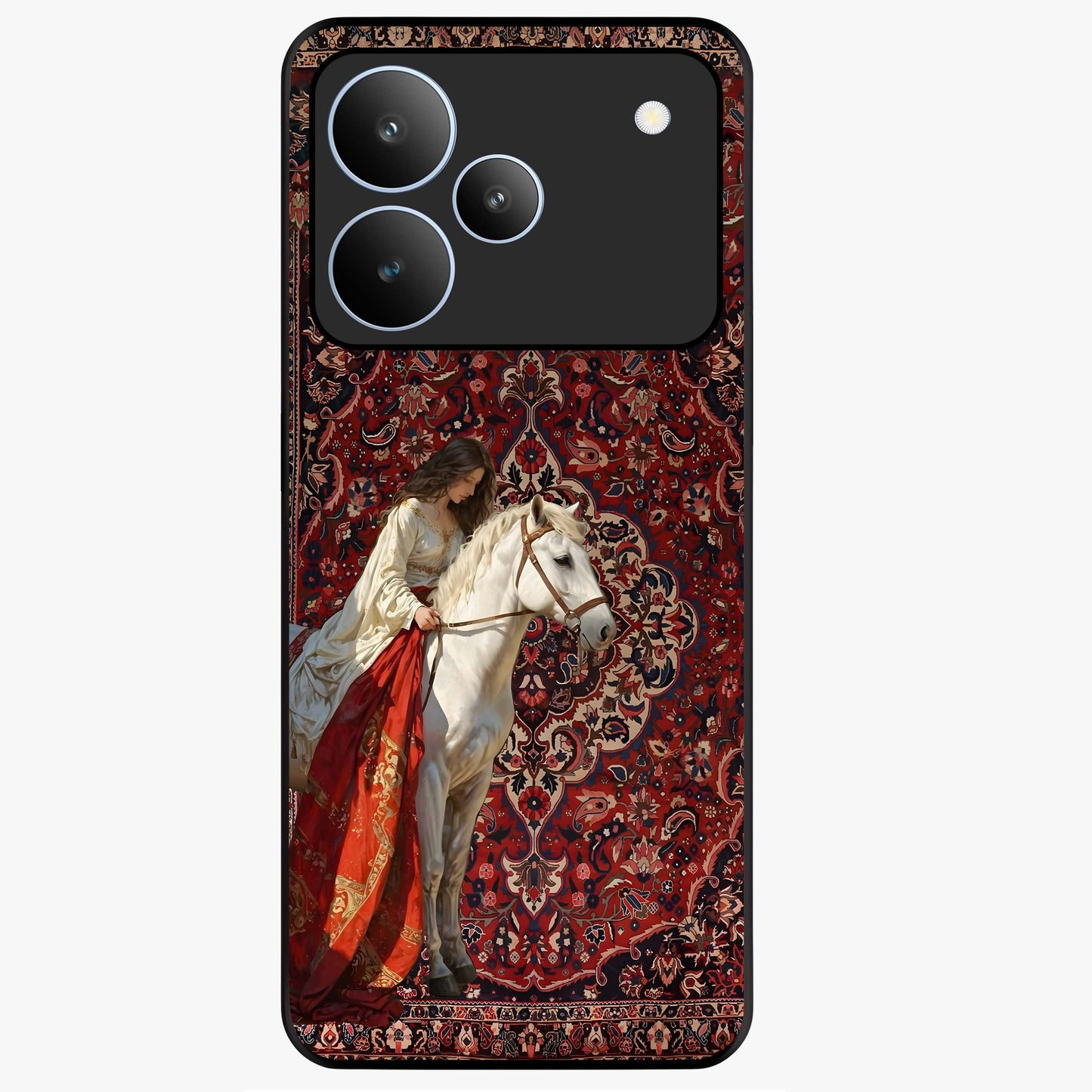 Royal Rider Tapestry Glass Case showing flat back view with majestic horse rider tapestry artwork and glossy glass finish.