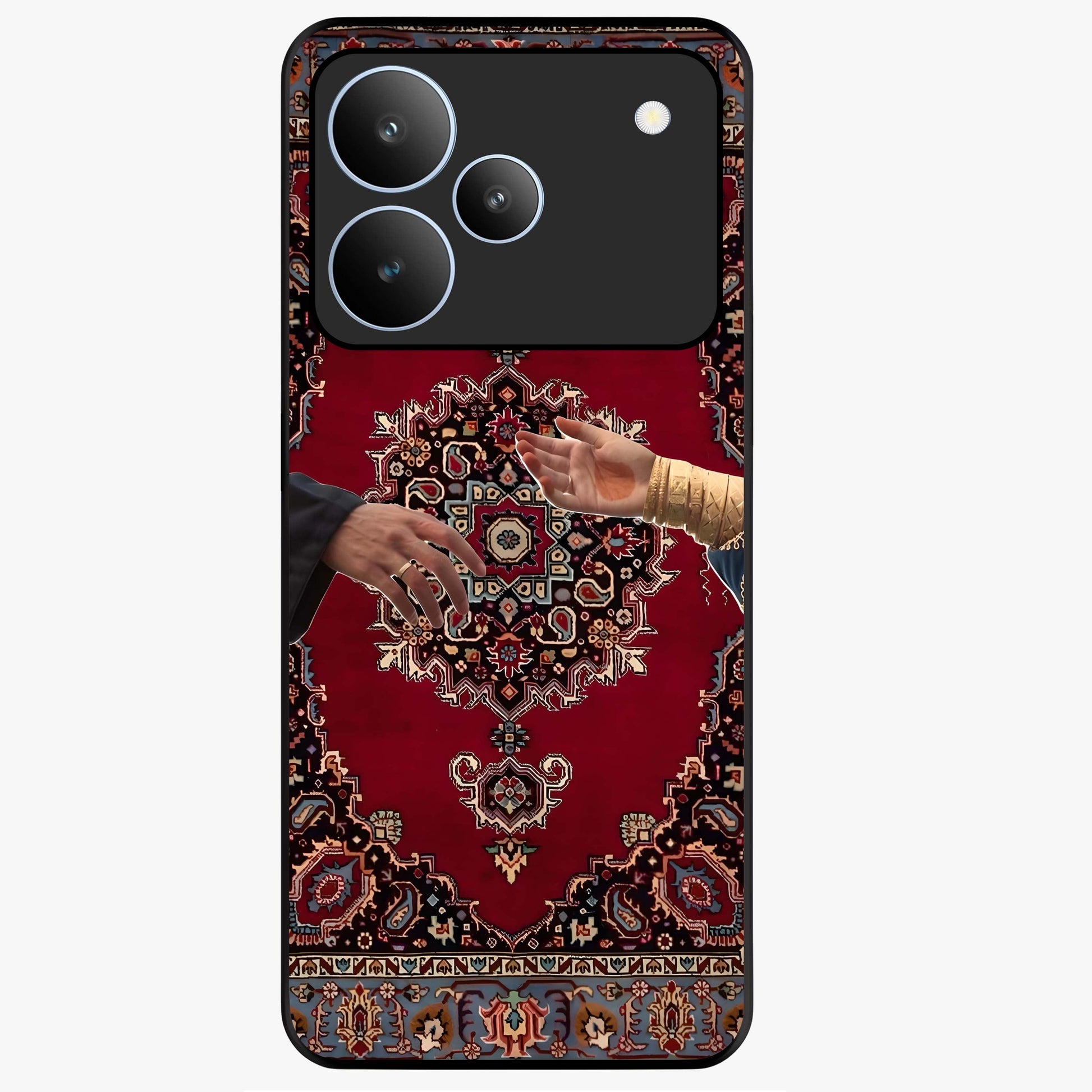 Royal Touch Reach Glass Case showing flat back view with elegant royal themed artwork and glossy glass finish.
