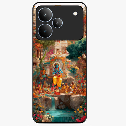 Sacred Sunlight Gods Glass Case showing flat back view with divine sunlight themed artwork and glossy glass finish.
