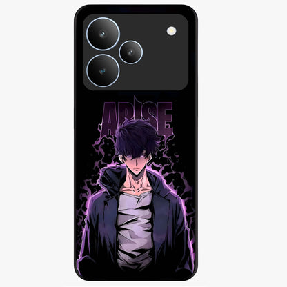 Shadow Monarch Awakening Glass Case showing flat back view with powerful dark monarch themed artwork and glossy glass finish.
