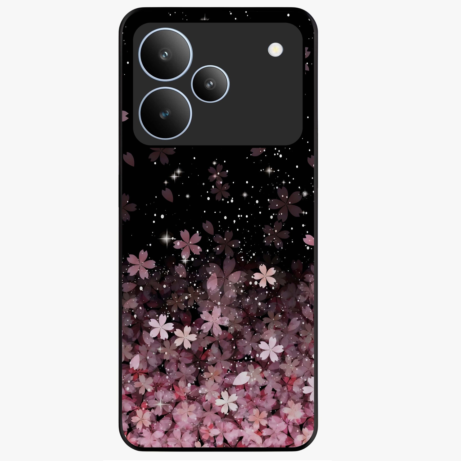 Small Starry Flowers Glass Case showing flat back view with delicate starry floral artwork and glossy glass finish.