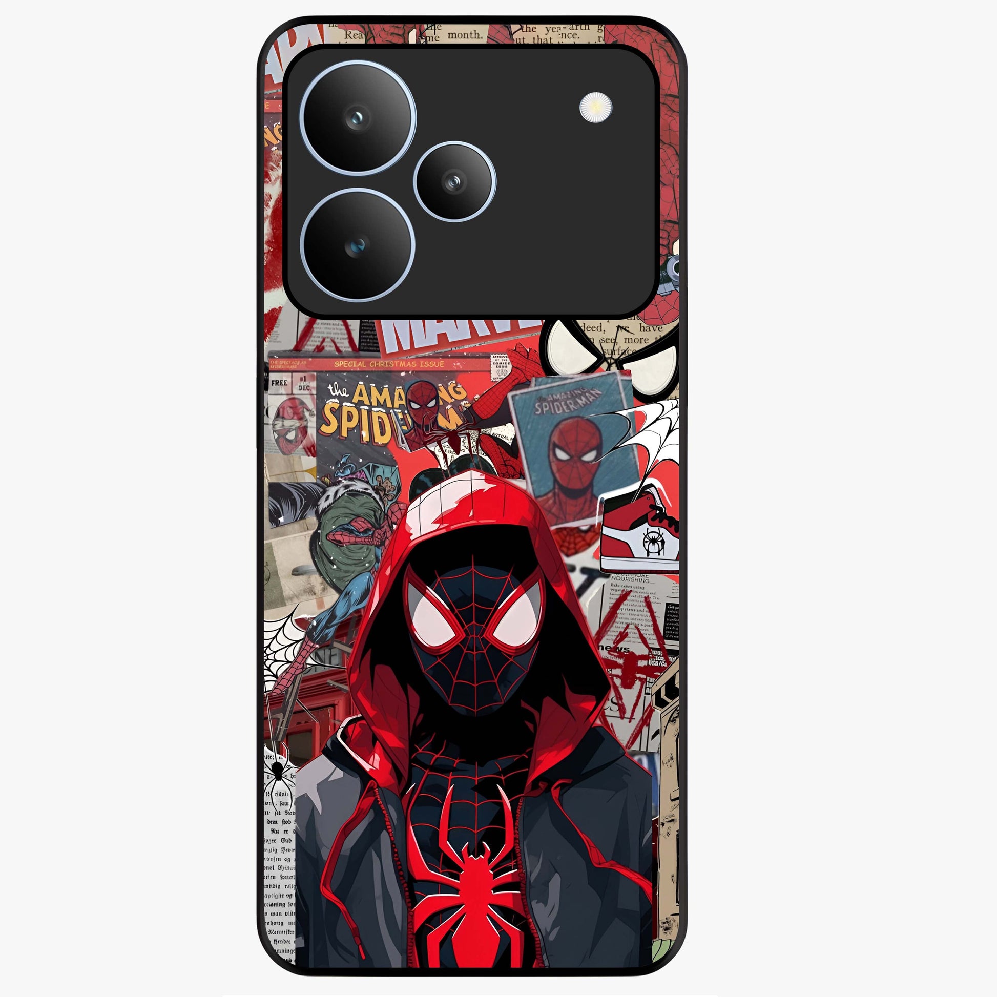Spider Collage Street Glass Case showing flat back view with vibrant superhero collage artwork and glossy glass finish.
