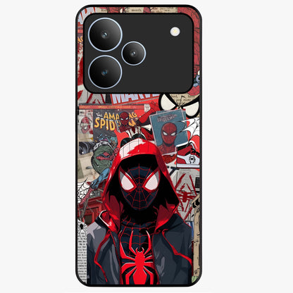 Spider Collage Street Glass Case showing flat back view with vibrant superhero collage artwork and glossy glass finish.
