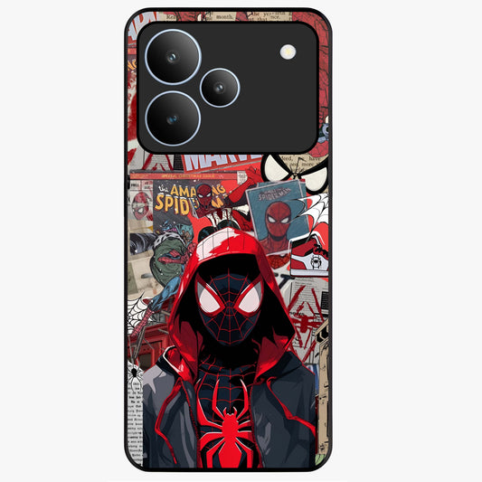 Spider Collage Street Glass Case showing flat back view with vibrant superhero collage artwork and glossy glass finish.