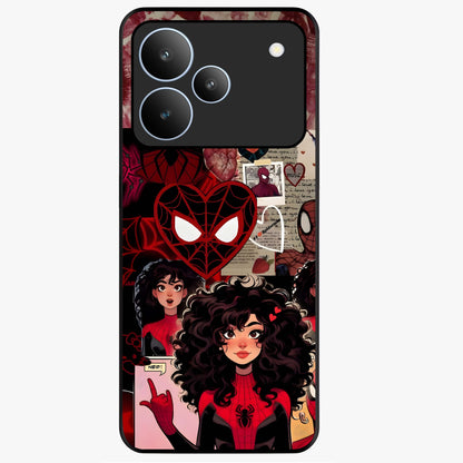 Spider Love Story Glass Case showing flat back view with romantic superhero themed artwork and glossy glass finish.
