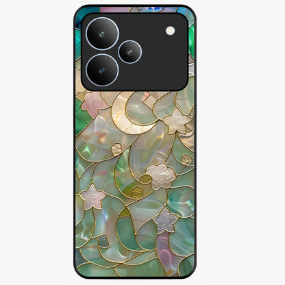 Stained Sunrise Glow Glass Case showing flat back view with glowing sunrise stained pattern artwork and glossy glass finish.