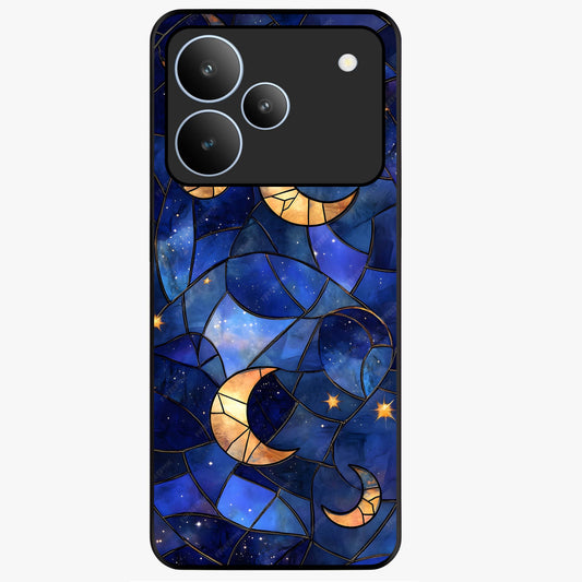Starlit Sky Tapestry Glass Case showing flat back view with decorative starry sky tapestry artwork and glossy glass finish.