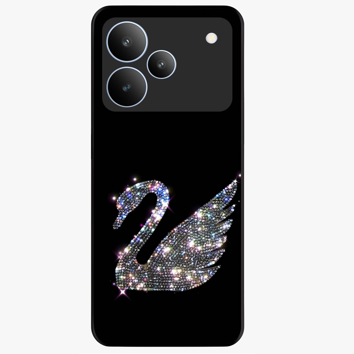 Starlit Swan Grace Glass Case showing flat back view with graceful swan artwork under starry sky and glossy glass finish.