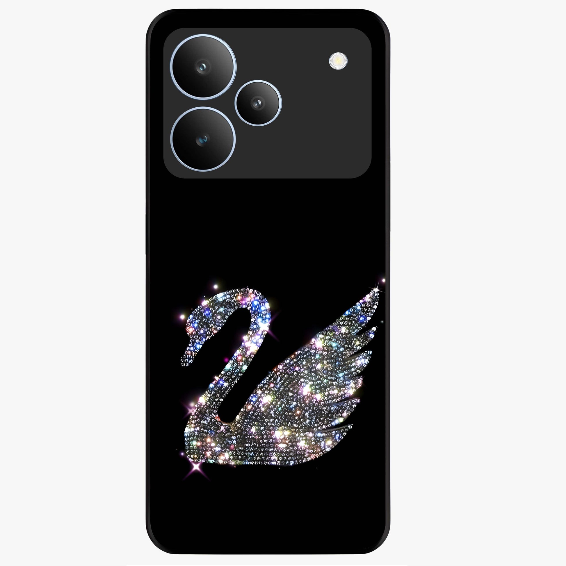 Starlit Swan Grace Glass Case showing flat back view with graceful swan artwork under starry sky and glossy glass finish.