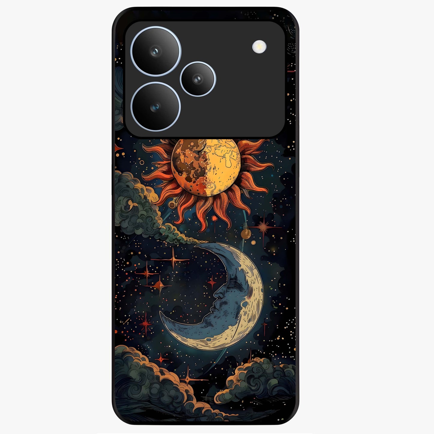 Sun And Moon Magic Design Glass Case showing flat back view with mystical sun and moon artwork and glossy glass finish.