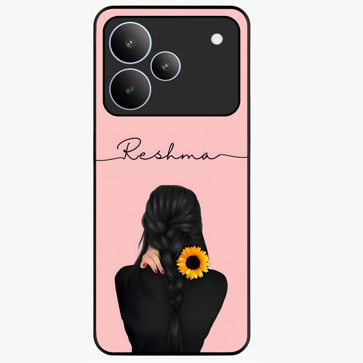 Sunflower Braid Beauty With Custom Name Glass Case showing flat back view with sunflower braid artwork and personalized name design.