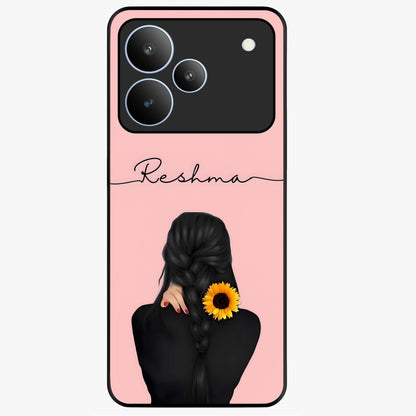 Sunflower Braid Beauty With Custom Name Glass Case showing flat back view with sunflower braid artwork and personalized name design.