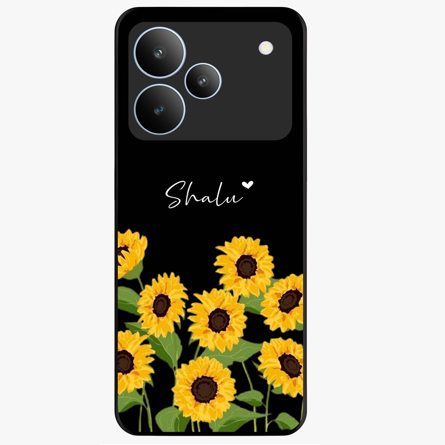 Sunflower Chic Mood Custom Name Glass Case showing flat back view with stylish sunflower artwork and personalized name design.