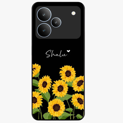 Sunflower Chic Mood Custom Name Glass Case showing flat back view with stylish sunflower artwork and personalized name design.