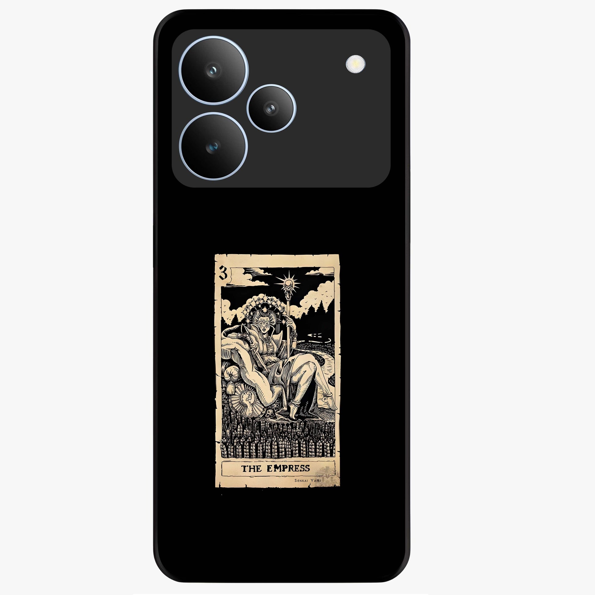 The Empress Glass Case showing flat back view with regal feminine artwork and glossy glass finish.