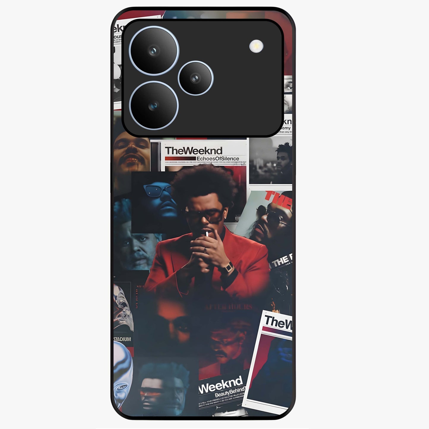 The Weeknd Glass Case showing flat back view with music inspired artistic portrait artwork and glossy glass finish.