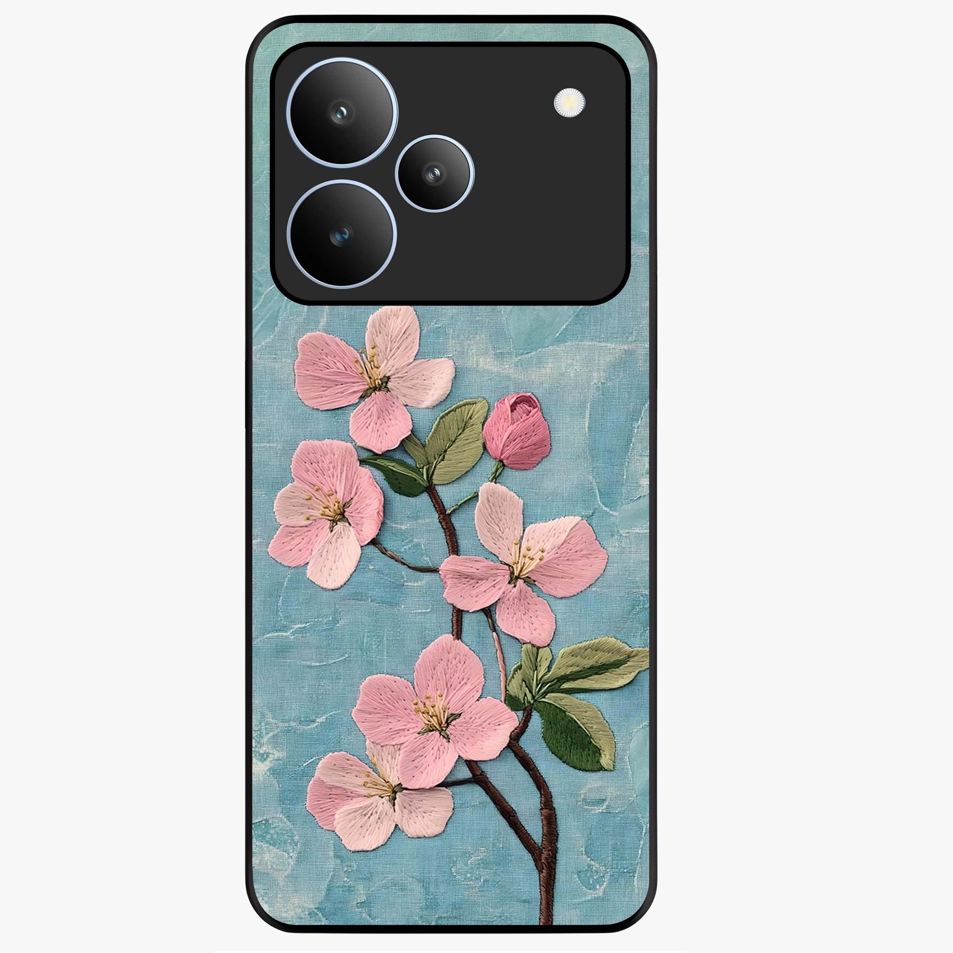 Threaded Blossom Breeze Glass Case showing flat back view with delicate blossom artwork and glossy glass finish.