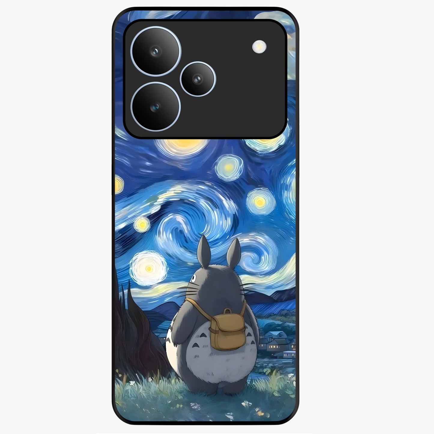 Totoro In Van Gogh Art Glass Case showing flat back view with whimsical character artwork inspired by Van Gogh style and glossy glass finish.