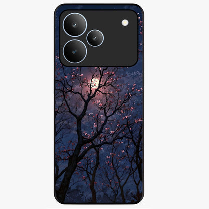 Twilight Sakura Serenade Glass Case showing flat back view with cherry blossom artwork at twilight and glossy glass finish.