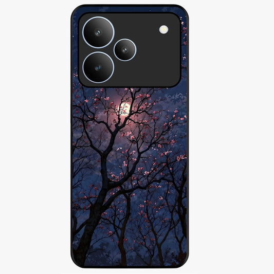 Twilight Sakura Serenade Glass Case showing flat back view with cherry blossom artwork at twilight and glossy glass finish.