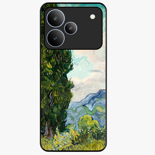 Van Gogh Vintage Art Glass Case showing flat back view with vintage painterly artwork inspired by Van Gogh style and glossy glass finish.