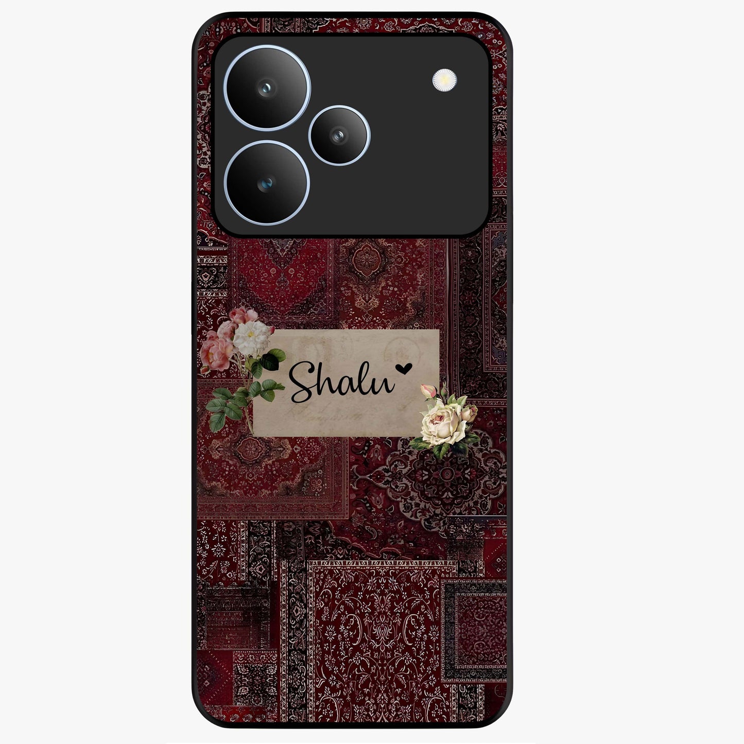 Velvet Wine Pattern Custom Name Glass Case showing flat back view with elegant wine colored pattern artwork and personalized name design.