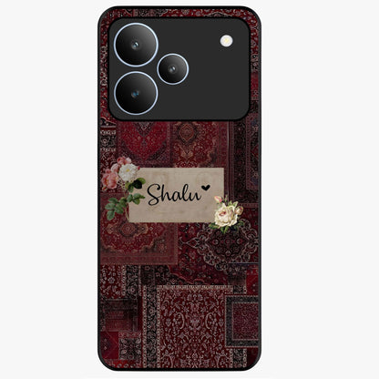 Velvet Wine Pattern Custom Name Glass Case showing flat back view with elegant wine colored pattern artwork and personalized name design.