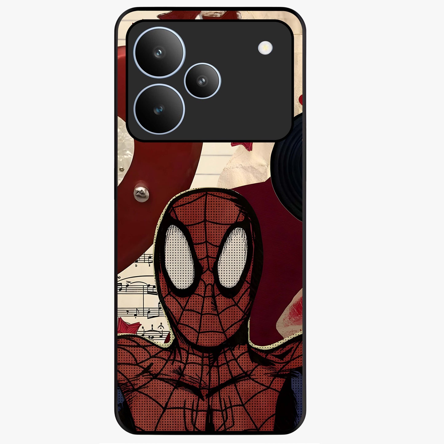 Web Warrior Vibes Glass Case showing flat back view with superhero inspired web themed artwork and glossy glass finish.