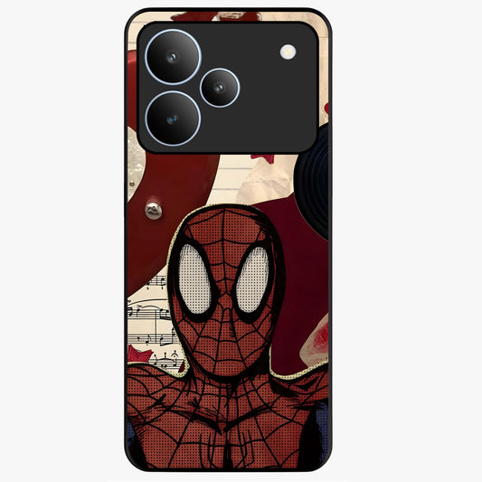 Web Warrior Vibes Glass Case showing flat back view with superhero inspired web themed artwork and glossy glass finish.