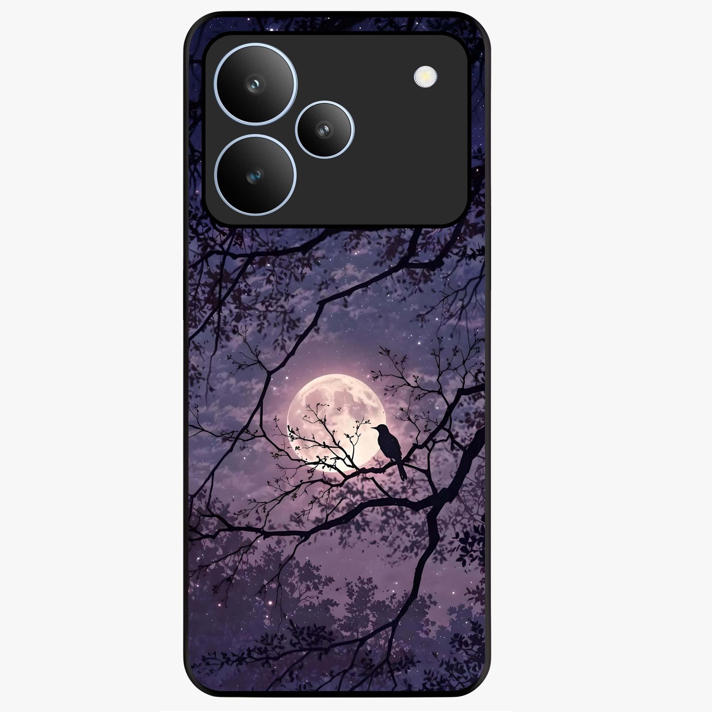 Whispering Moon Silence Glass Case showing flat back view with serene moon themed artwork and glossy glass finish.