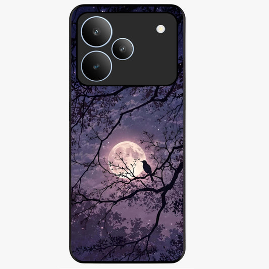 Whispering Moon Silence Glass Case showing flat back view with serene moon themed artwork and glossy glass finish.