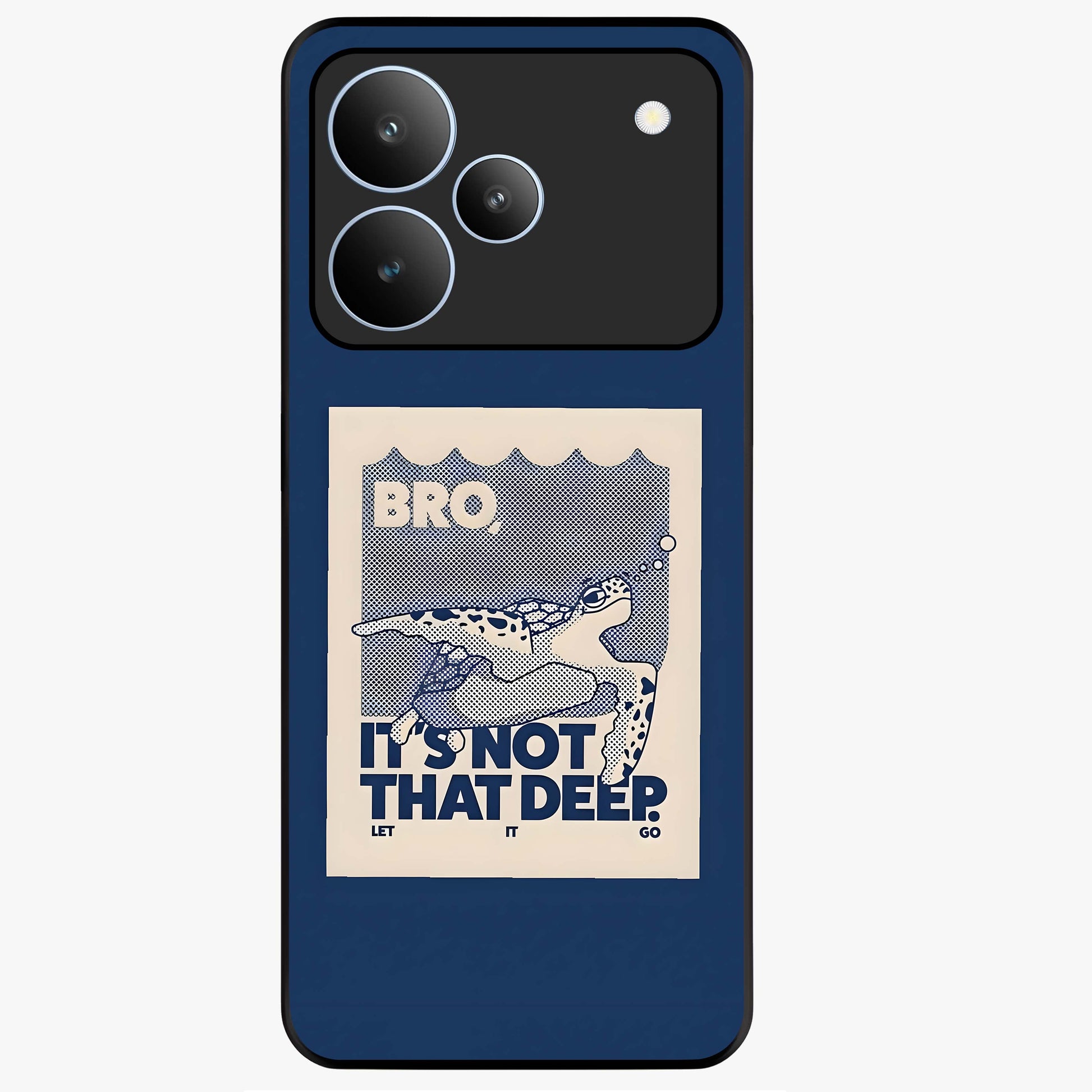 Worry Less Swim Glass Case showing flat back view with playful motivational artwork and glossy glass finish.