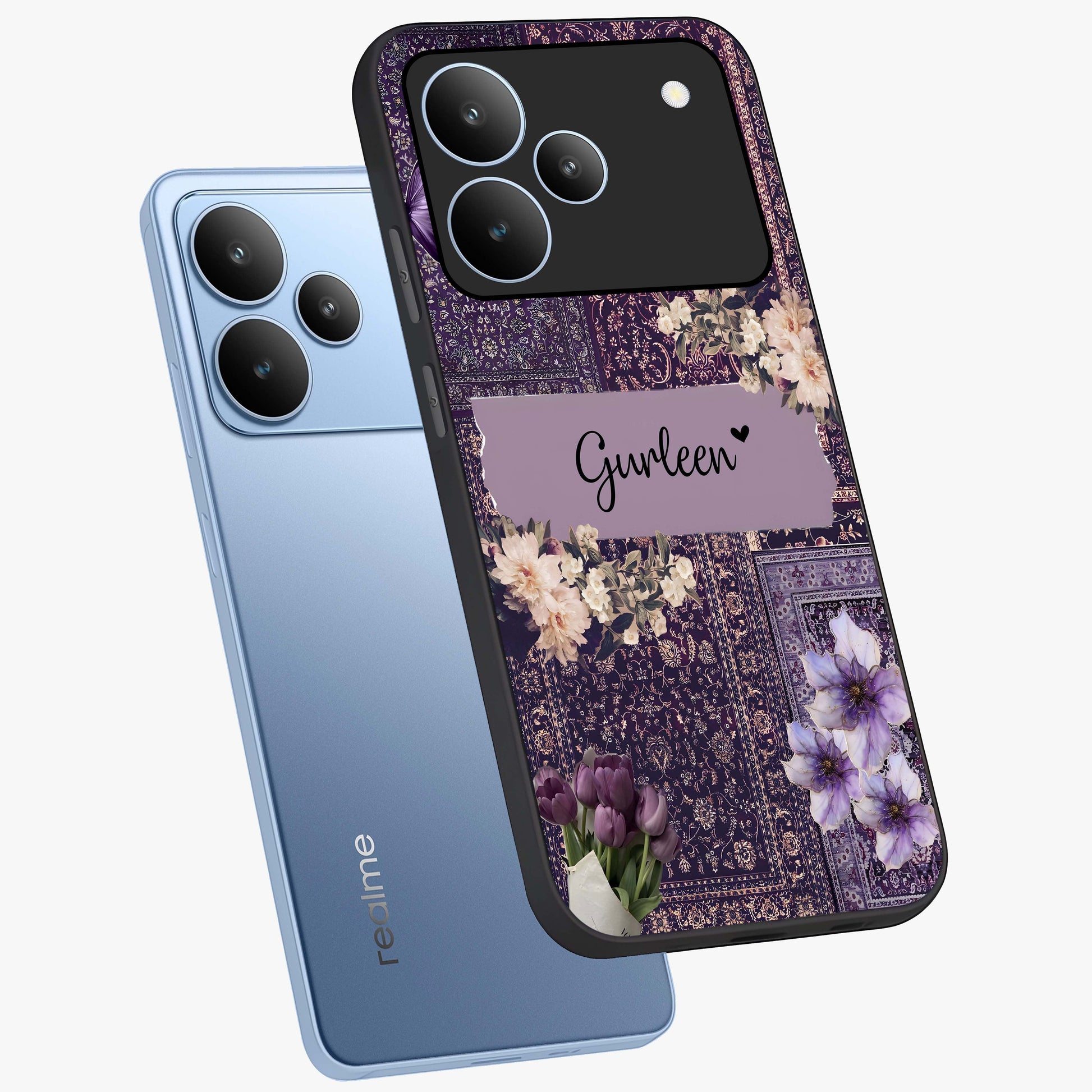 Antique Floral Whisper Custom Name Glass Case displayed in angled mockup highlighting elegant antique floral aesthetic.
