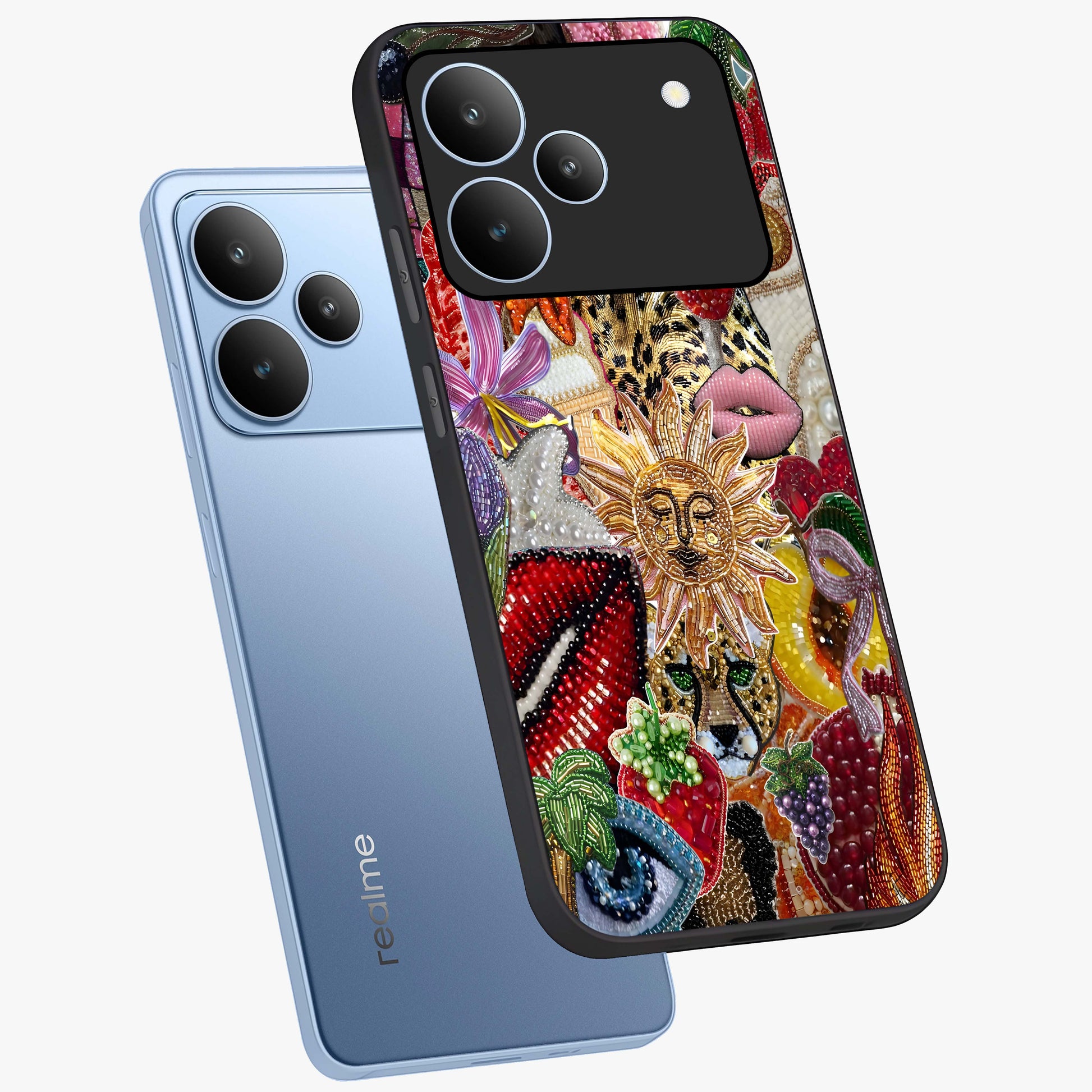 Beaded Fashion Jungle Glass Case displayed in angled mockup highlighting colorful fashion bead design and artistic pattern.