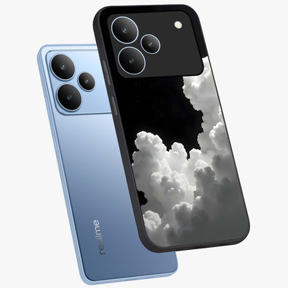 Black Background With White Cloud Glass Case displayed in angled mockup highlighting soft white cloud illustration and minimal design.